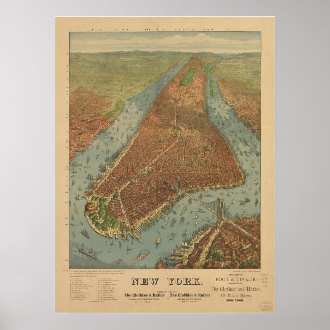 New York City 1879 Antique Panoramic Karta Poster (Framsidan)
