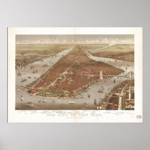 New York City 1884 Antique Panoramic Karta Poster