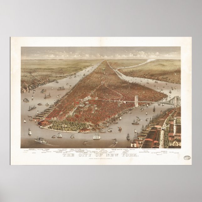 New York City 1884 Antique Panoramic Karta Poster (Framsidan)