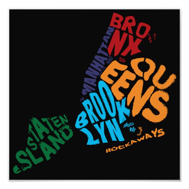 New York City 5 Boroughs Calligram Karta Fototryck (Framsidan)