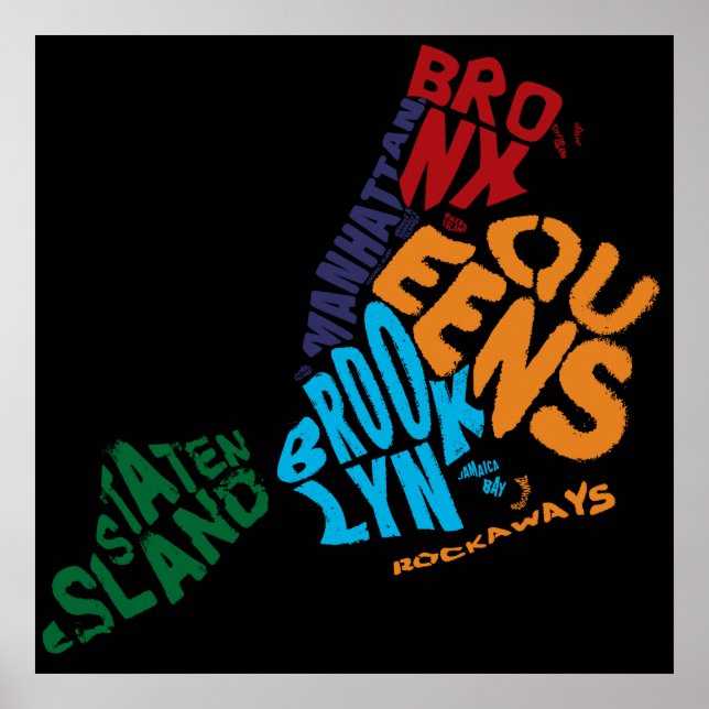 New York City 5 Boroughs Calligram Karta Poster (Framsidan)