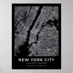 New York City Black City Karta Poster