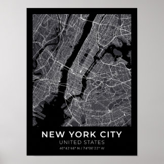 New York City Black City Karta Poster