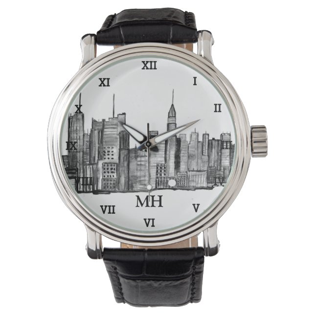 New York City Black Modern Skyline Travel NYC Armbandsur (Framsida)