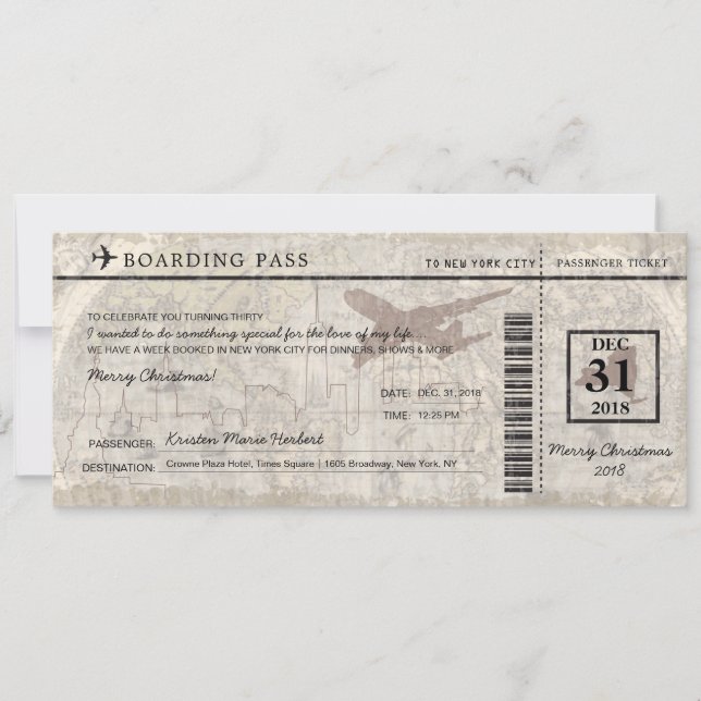 New York City Boarding Pass Meddelande (Framsida)