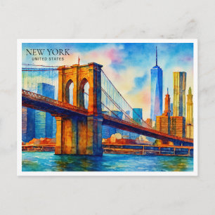 New York City Brooklyn Bridge Akvarell Helg Vykort