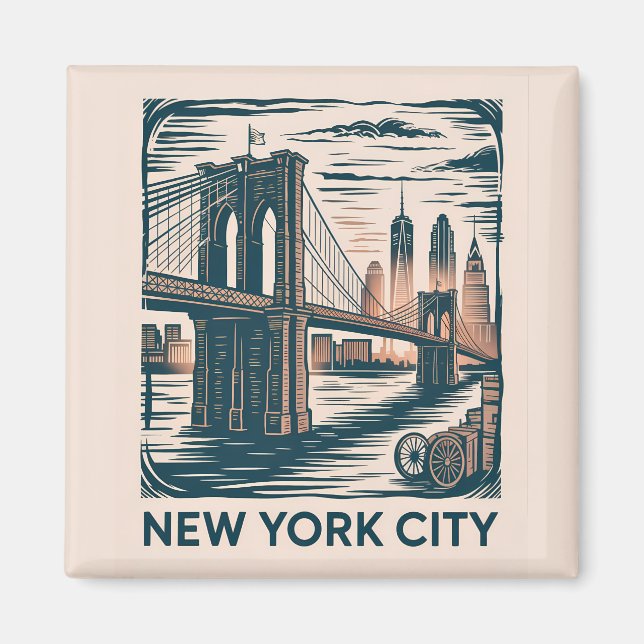 New York City Brooklyn Bridge Bold Retro Skyline Magnet (Framsidan)