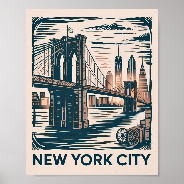 New York City Brooklyn Bridge Bold Retro Skyline Poster (Framsidan)