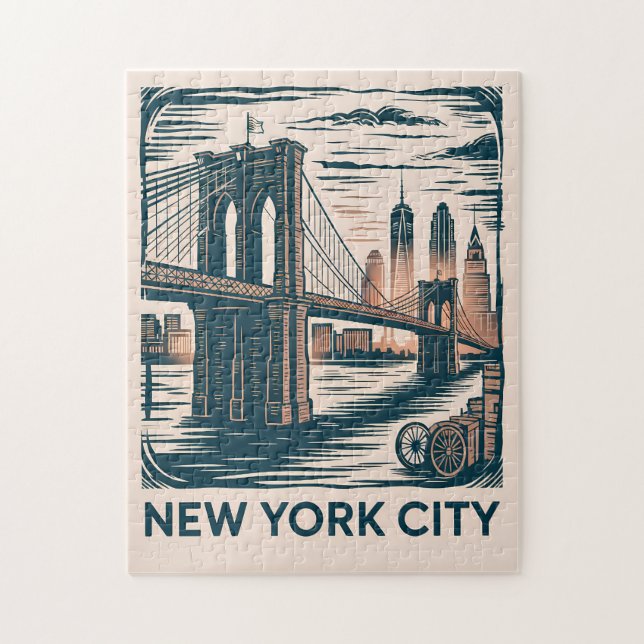 New York City Brooklyn Bridge Bold Retro Skyline Pussel (Vertikal)