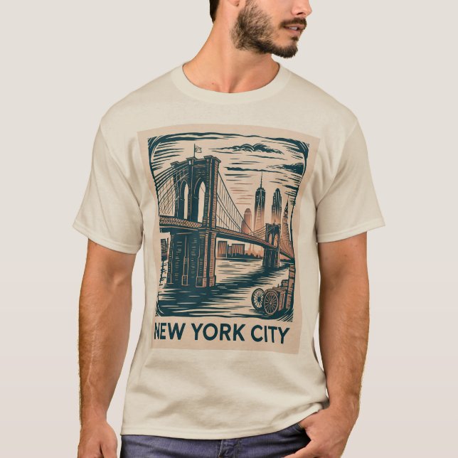 New York City Brooklyn Bridge Bold Retro Skyline T Shirt (Framsida)
