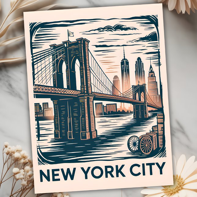 New York City Brooklyn Bridge Bold Retro Skyline Vykort (New York City Brooklyn Bridge Bold Retro Skyline Postcard)