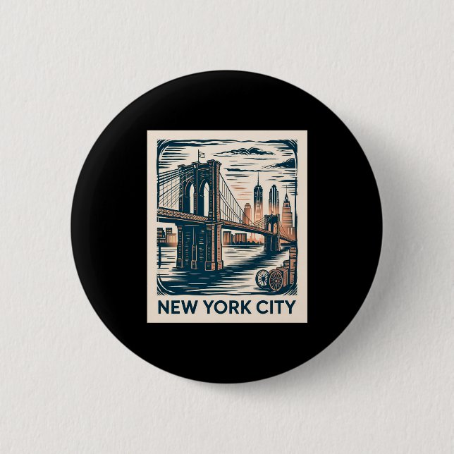 New York City Brooklyn Bridge Djärv Retro Stadssil Knapp (Framsida)