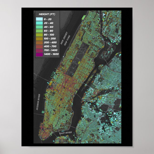 New York City Byggnad Height Karta Sticker Poster (Framsidan)