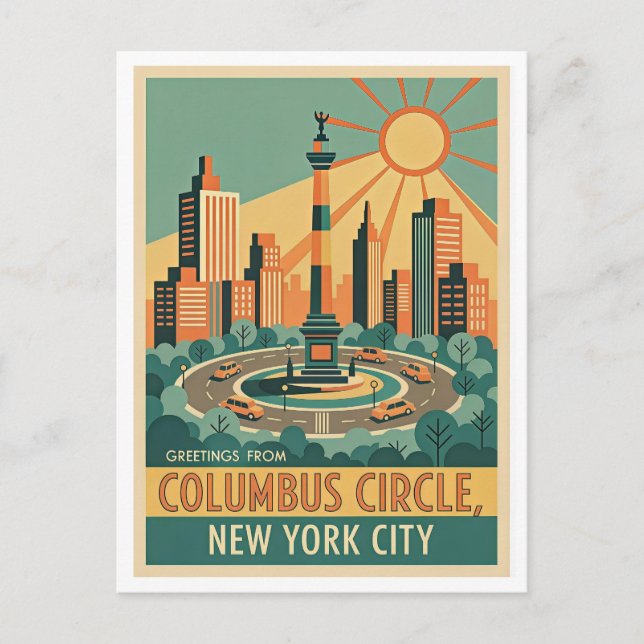 New York City Columbus Circle Retrokonst Vykort (Framsida)