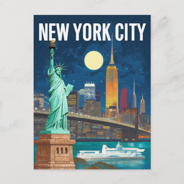 New York City Frihetsgudinnan & Skyline Retro Vykort (Framsida)