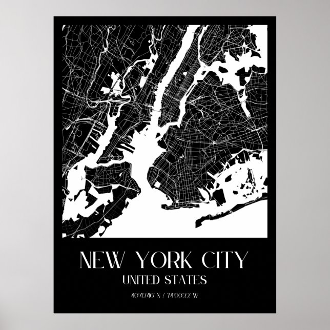 New York City Karta - Black and White Poster (Framsidan)