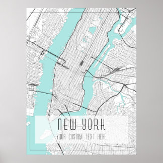 New York City Karta, Black, White and Blue Poster