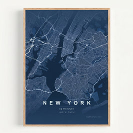 New York City Karta NYC Blå Väggkonst Affisch Pres