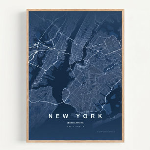 New York City Karta NYC Blå Väggkonst Affisch Pres