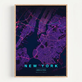 New York City Karta NYC Neon Väggkonst Affisch Pre