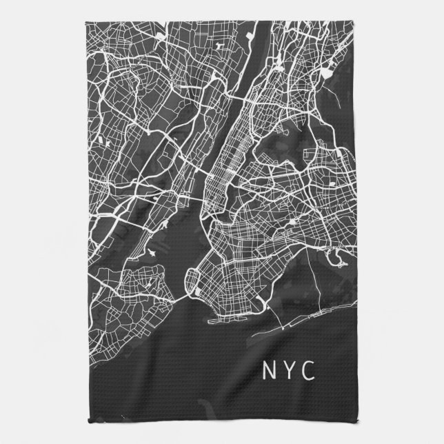 New York City Karta | NYC | Svartvitt Kökshandduk (Vertikal)