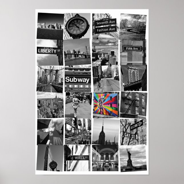New York City-kollage av fotografier, vita Poster (Framsidan)