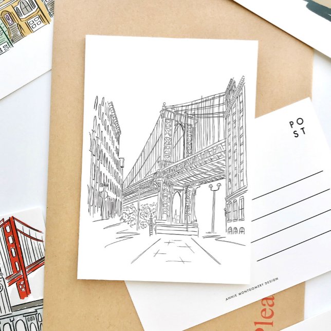 New York City Manhattan Bridge Postcard Inbjudan Vykort (Black and white sketch New York Brooklyn Bridge travel postcard.)