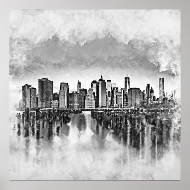 New York City Manhattan Skyline- black and white Poster (Framsidan)