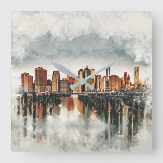 New York City Manhattan Skyline - blandade medier Fyrkantig Klocka (Framsida)