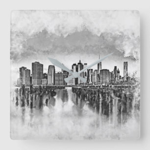 New York City Manhattan Skyline - svart och vitt Fyrkantig Klocka