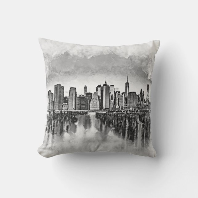 New York City Manhattan Skyline - svart och vitt Kudde (Framsida)