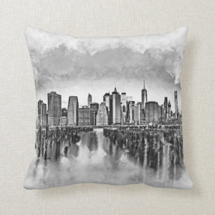 New York City Manhattan Skyline - svart och vitt Kudde