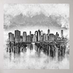 New York City Manhattan Skyline - svart och vitt Poster