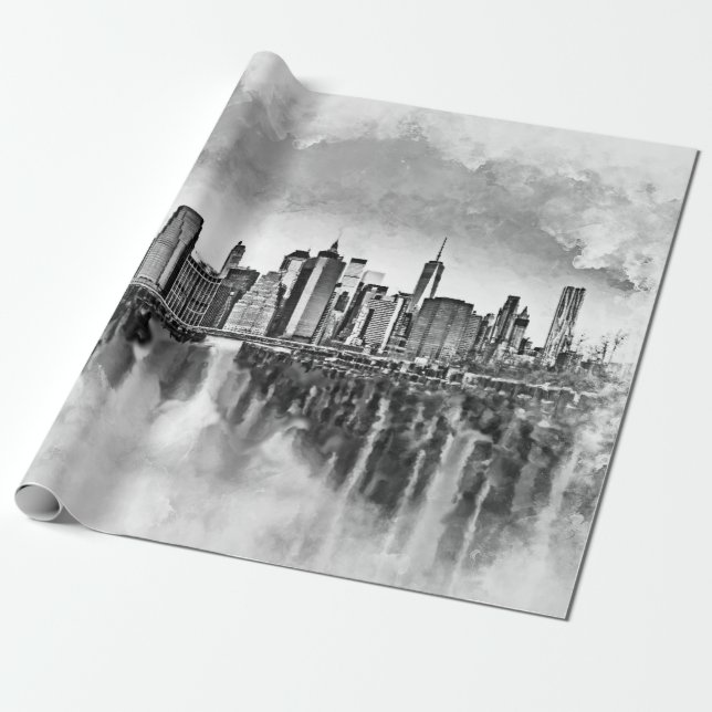 New York City Manhattan Skyline - svart och vitt Presentpapper (Utrullad)