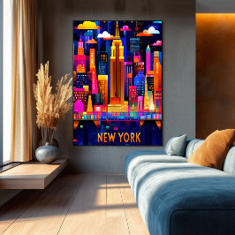 New York City Neon Glow - Geometric Skyline Art Poster
