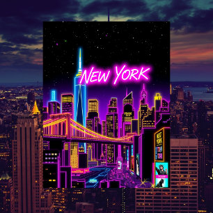 New York City Neon Retro-Futuristiska Travel Vykort