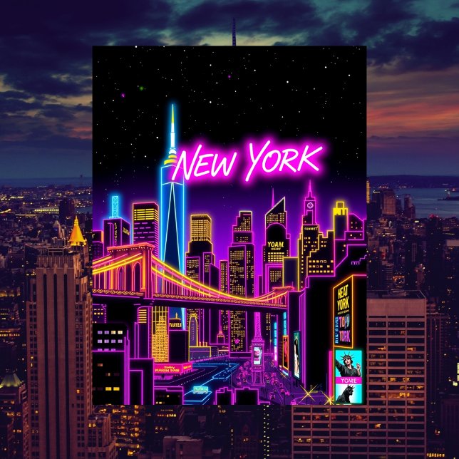 New York City Neon Retro-Futuristiska Travel Vykort (New York City Neon Retro-Futuristic Travel Postcard)