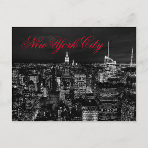 New York City Night Black & White Red Script Vykort