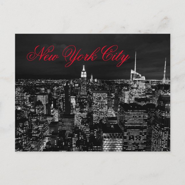 New York City Night Black & White Red Script Vykort (Framsida)