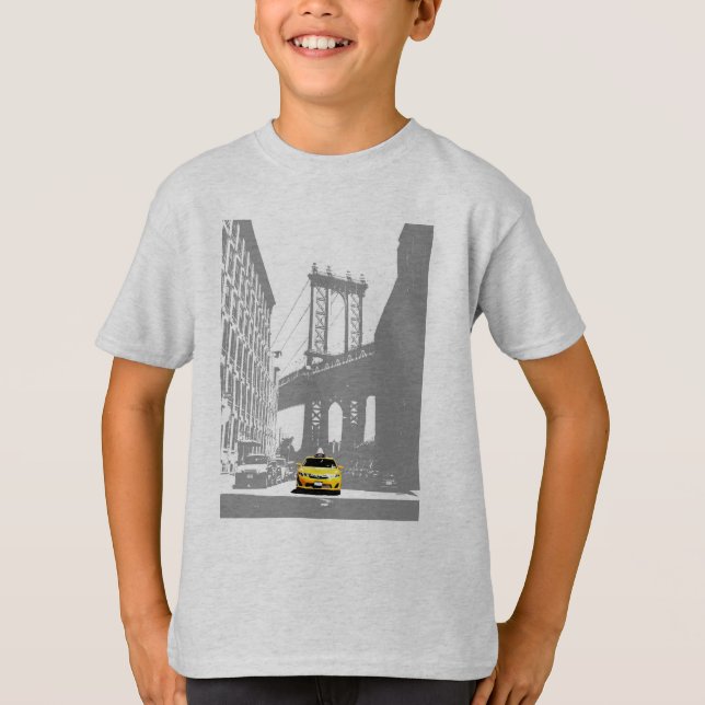 New York City Nyc Brooklyn Bridge Gult Taxi Boys T Shirt (Framsida)