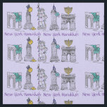 New York City NYC Chanukah Hanukkah Fabric Tyg<br><div class="desc">Fabric har olika New York City byggnad och markeringar "klädda" för helgdagarna, med NEW YORK HANUKKAH i ett lila typsnitt. Skapat från en originalbild av penna och bläck.</div>