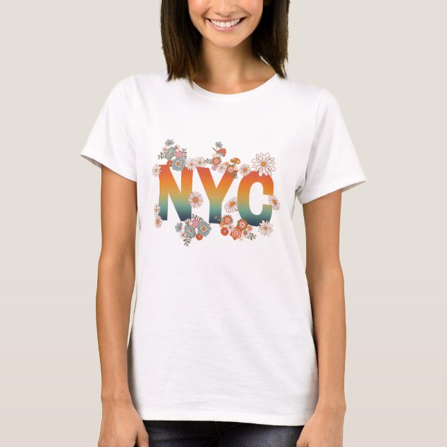 New York City Power Flower Retro T-Shirt (Framsida)