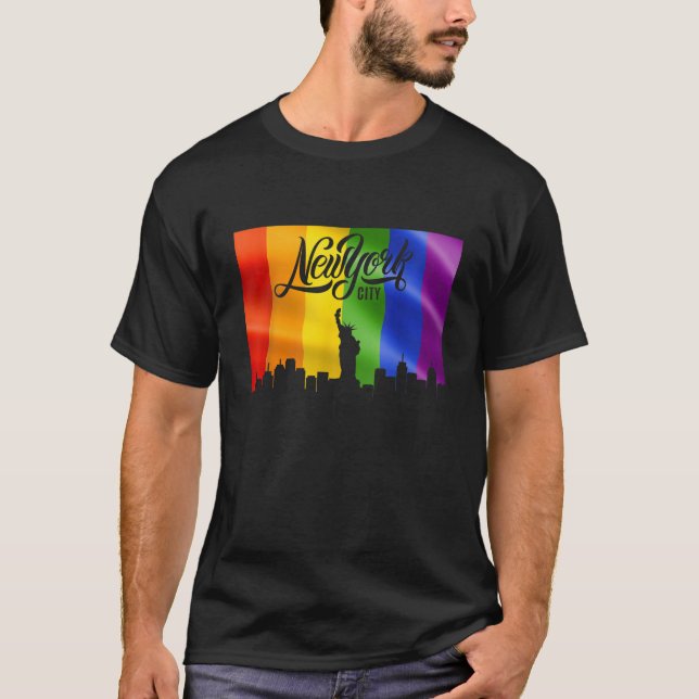 New York City Rainbow flagga Skyline LGBT Gay prid T Shirt (Framsida)
