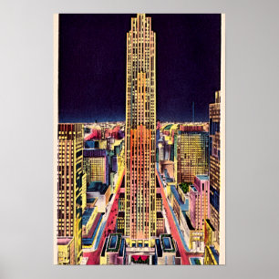 New York City Rockefeller Center på natten 1940 Poster