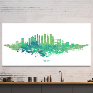 New York City Siluett Akvarell i blått och grönt Poster