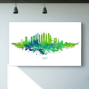 New York City Siluett Akvarell i blått och limegrö Poster