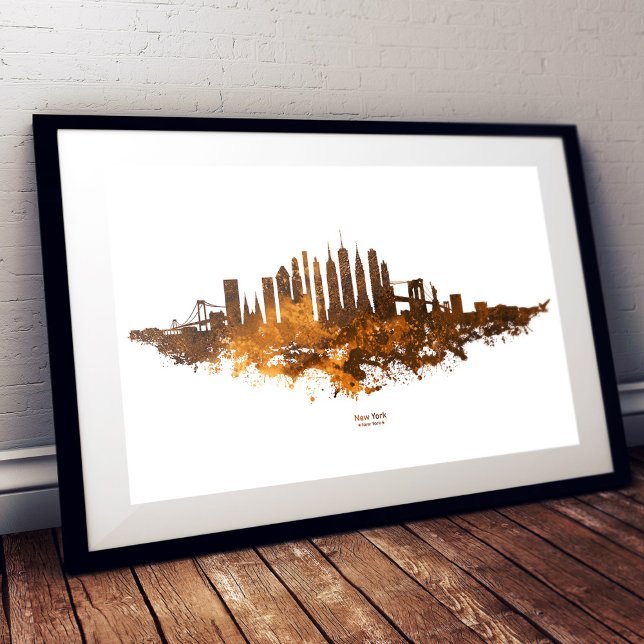 New York City Siluett Akvarell i orange Fototryck (New York City Skyline Watercolor in orange. Photo Print)
