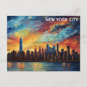 New York City Siluett Vattenfärg Solnedgång Vykort