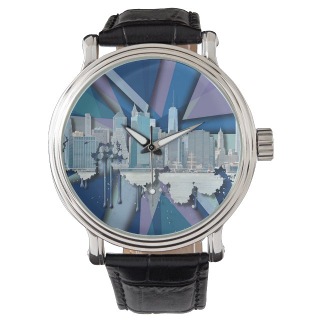 New York City Skyline | Blå 3D Armbandsur (Framsida)
