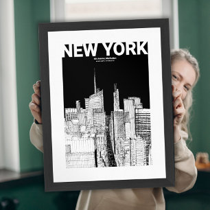 New York City Skyline Black White Sketch Mate Poster